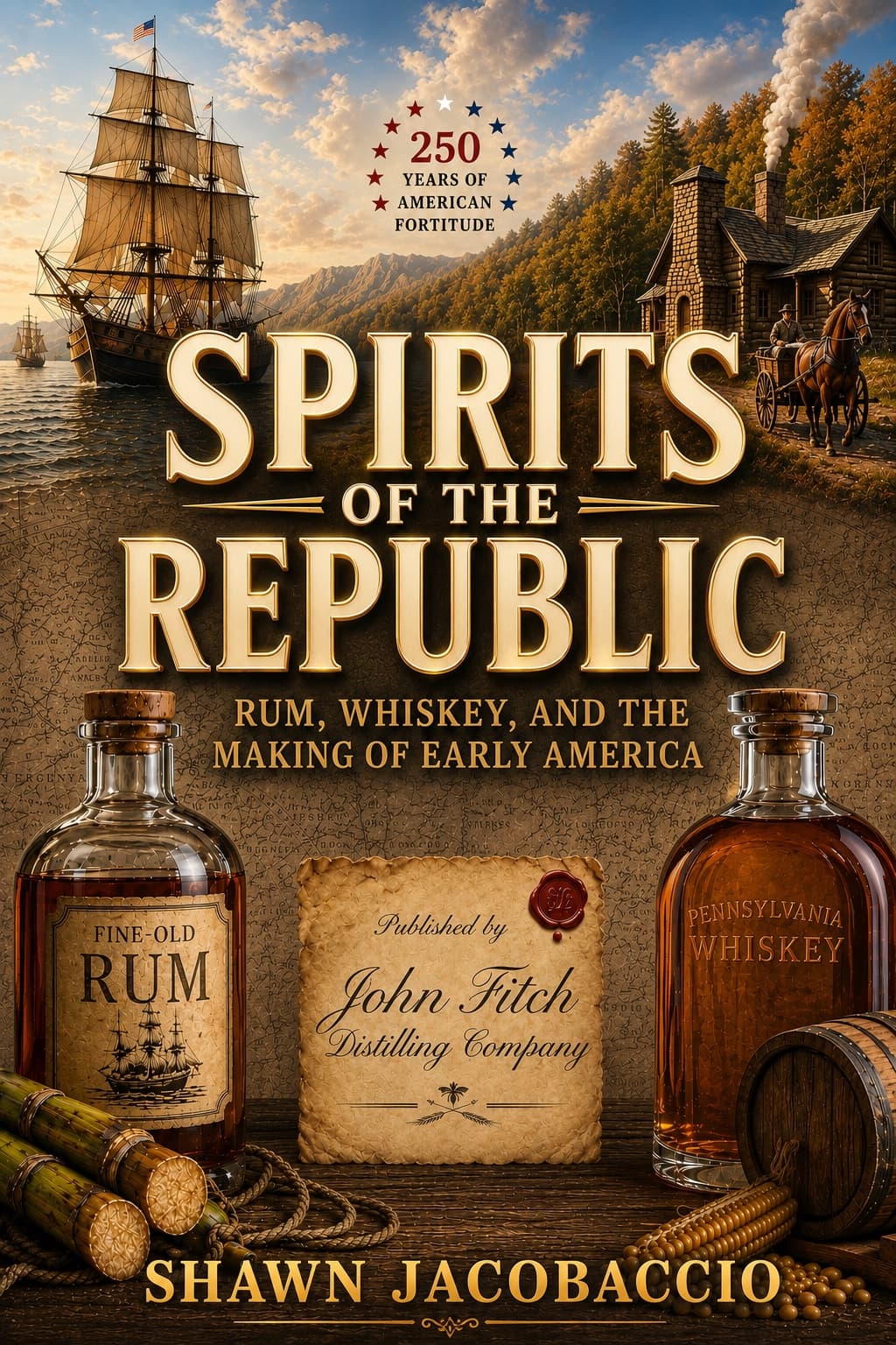 Spirits of the Republic book cover featuring a colonial ship, frontier distillery, rum and whiskey bottles